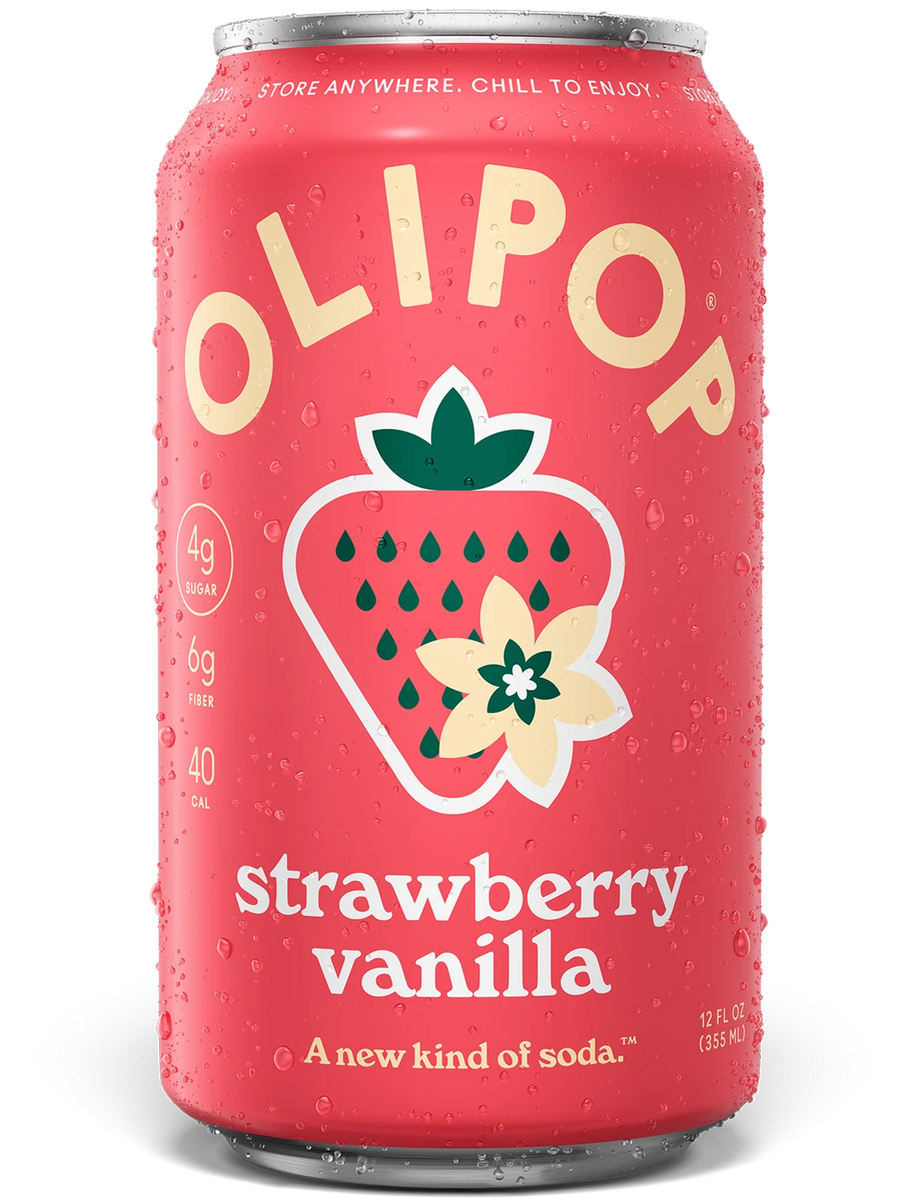 Cold OLIPOP Strawberry Vanilla 6g Fiber can in its new red packaging